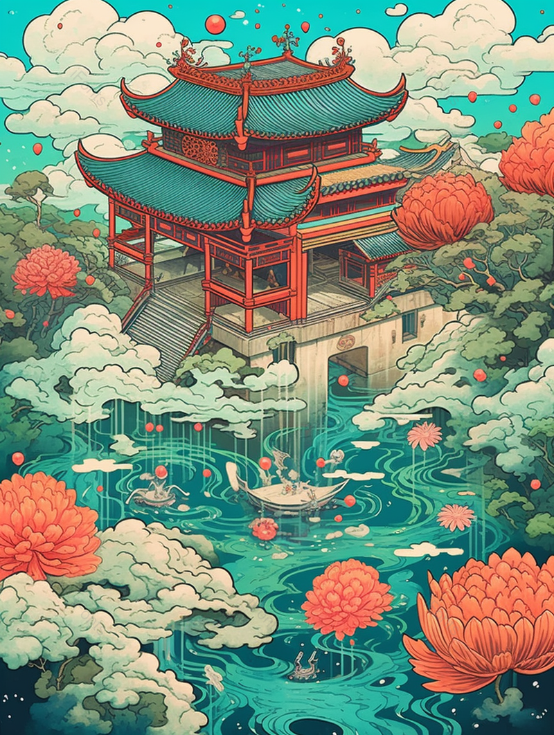 亭台楼阁下的池塘盛开的花朵中国风背景,插画/手绘图,插画/手绘图库,插画/手绘图下载,插画/手绘